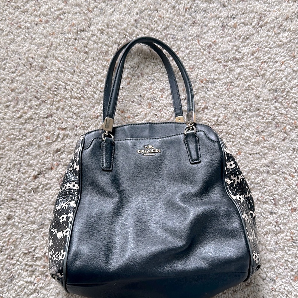 Coach black leather with black white detail purse